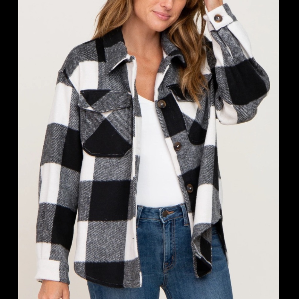 Black and White Plaid Shirt Jacket